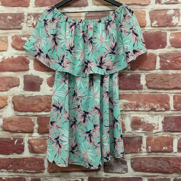 BUDDY LOVE WOMEN'S AQUA BLUE & PINK TROPICAL PALM OFF SHOULDER RUFFLE DRESS - Picture 6 of 8